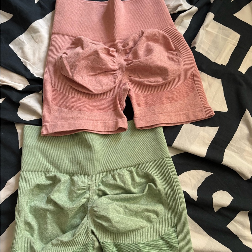 Women’s High-Waist Workout Shorts - Rose and Light Green (2-Pack) - Picture 2 of 3